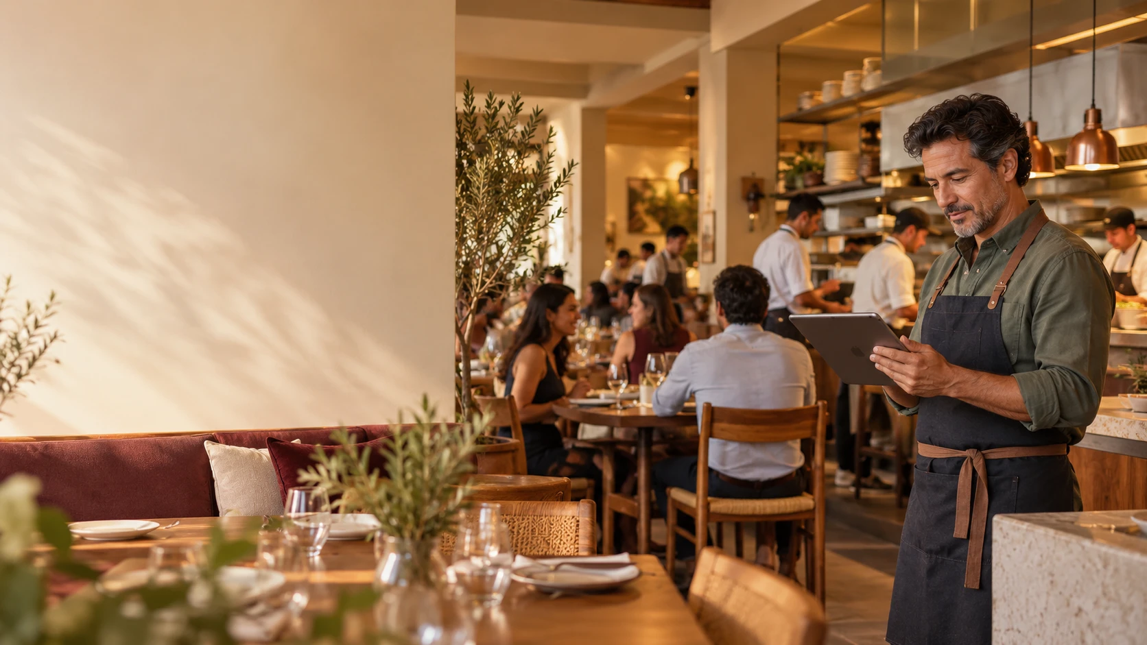 Un gerente revisa su restaurante desde una tableta